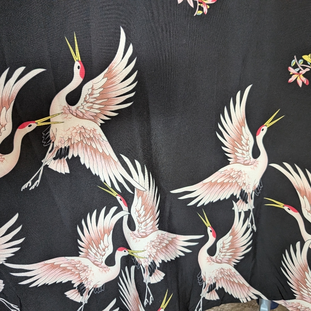 Crane and floral dress, bell sleeves, lightweight, 3x